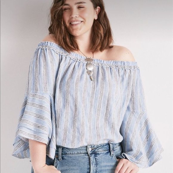 Lucky Brand Off Shoulder Bell Sleeve Striped Top - Picture 2 of 10